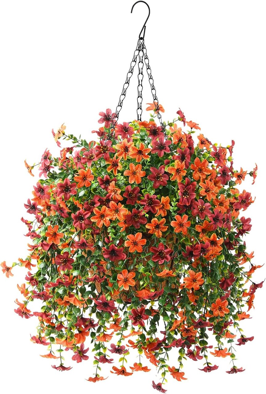 Artificial Faux Hanging Flowers Plants Basket for Outdoor Outside Spring Summer Decoration,Fake Silk Daisy in Planter Realistic UV Resistant for Home Porch Balcony Patio Yard Decor(Orange Brown)